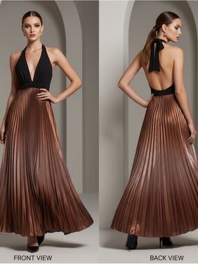 Betsy & Adam Pleaded Metallic Ombre Halter Floor Length Dress Size 6